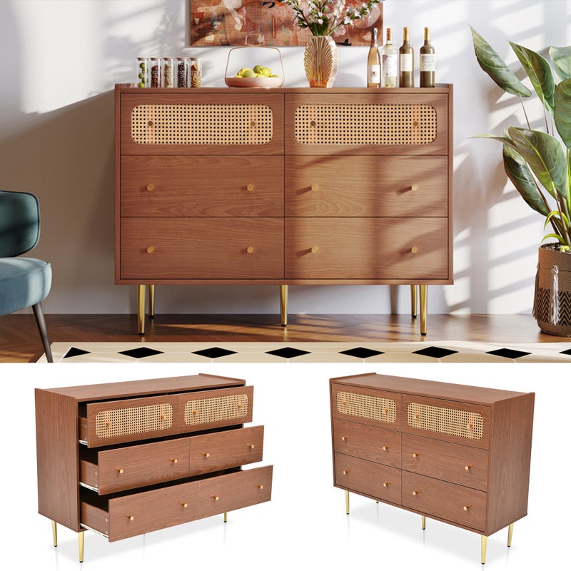 Komoda z 6 szufladami, kredens, Płyta wiórowa + metal + MDF, orzech - wys. 90/szer. 120/gł. 40 cm