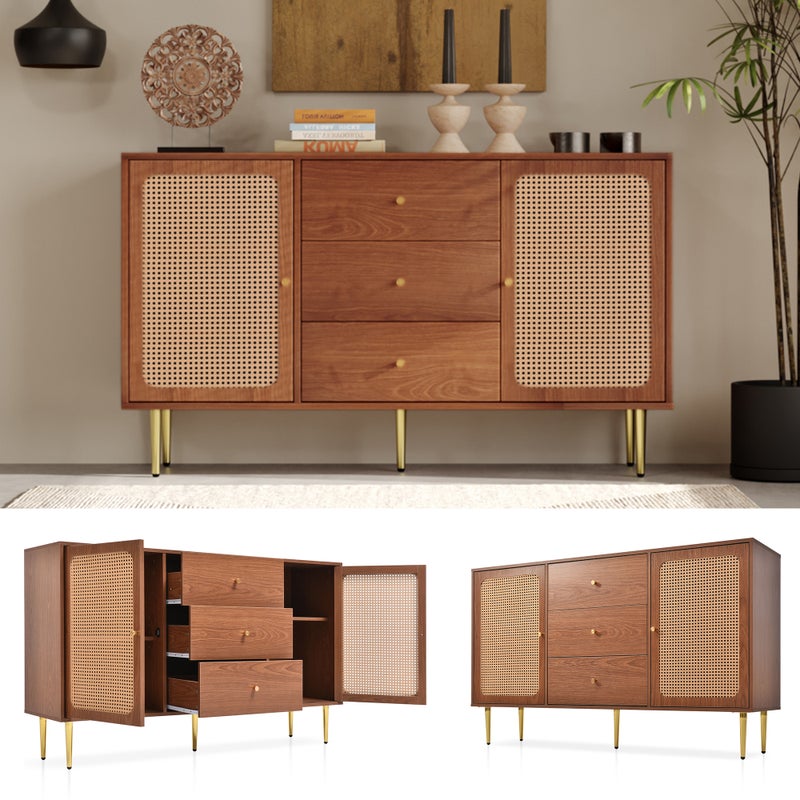 Komoda z 2 drzwiami i 3 szufladami, wzór rattan, MDF + płyta wiórowa + metal, kolor orzech - wys. 90/szer. 150/gł. 40 cm