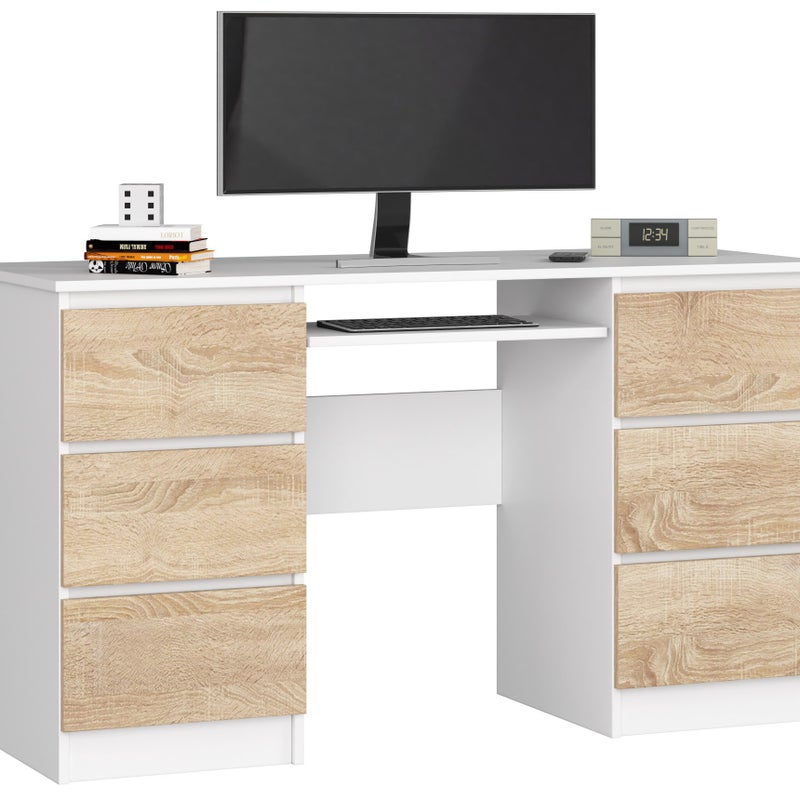 3XE LIVING  Biurko: 6 szuflad, białe Dąb Sonoma, 135 x 77 x 50 cm