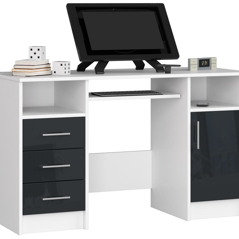 3XE LIVING  Biurko: 3 szuflady, białe grafit połysk, 124 x 74 x 52 cm