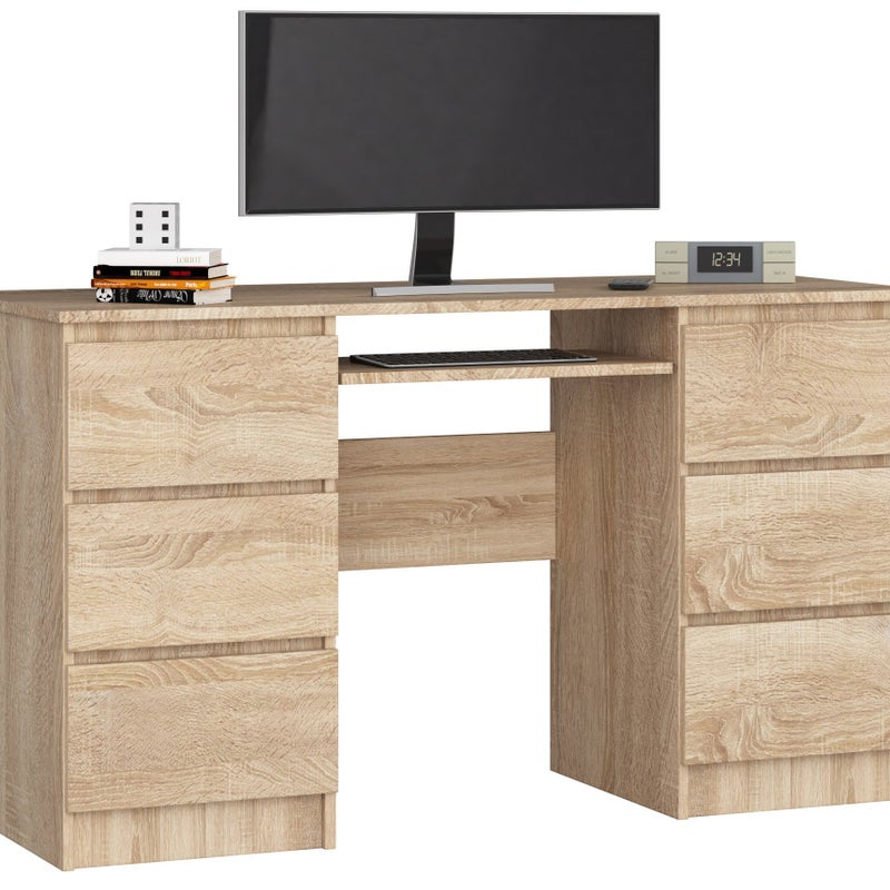 3XE LIVING  Biurko: 6 szuflad, dąb Sonoma, 135 x 77 x 50 cm