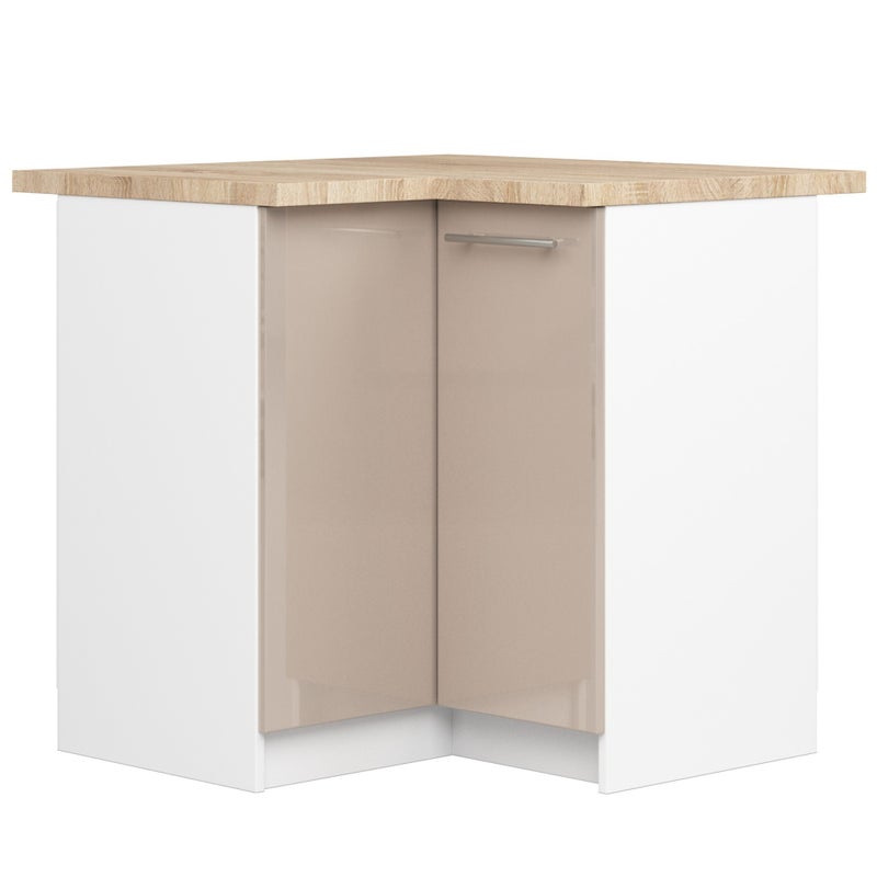 Szafka kuchenna na nogach: 2 drzwi, 2 półki, kolor biały połysk cappuccino, szer.: 90 cm, wys.: 85 cm, gł.: 46 cm.
