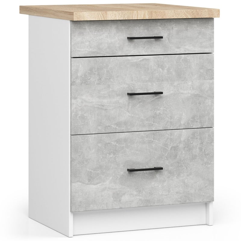 Szafka kuchenna na nóżkach: 3 szuflady, kolor biały|beton, szerokość: 60 cm, wysokość: 85 cm, głębokość: 46 cm.