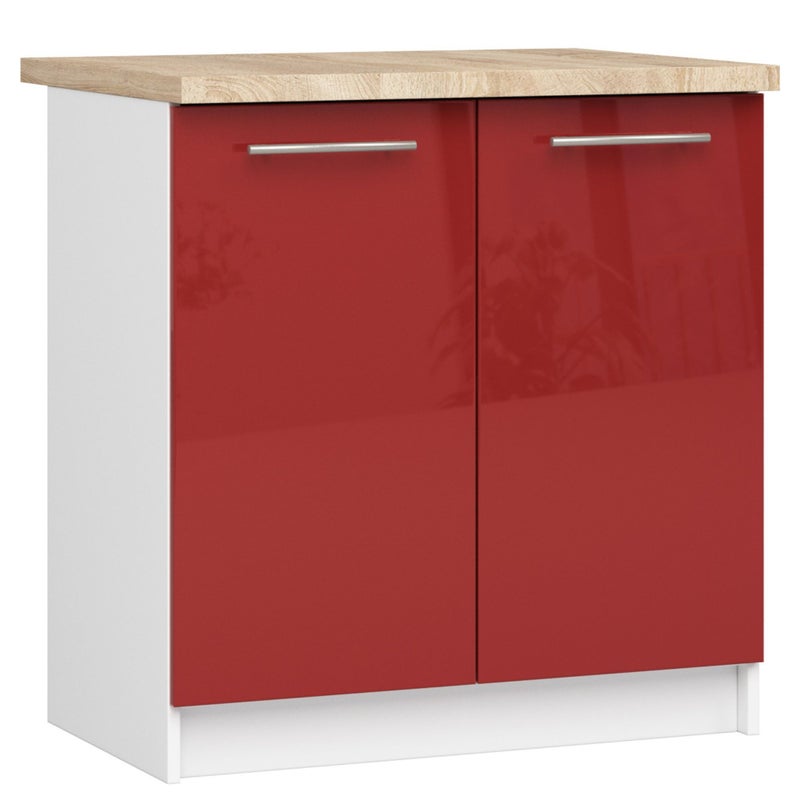 Szafka kuchenna na nóżkach: 2 drzwi, 2 półki, kolor biały połyskujący czerwony, szerokość: 80 cm, wysokość: 85 cm, głębokość: 46 cm.