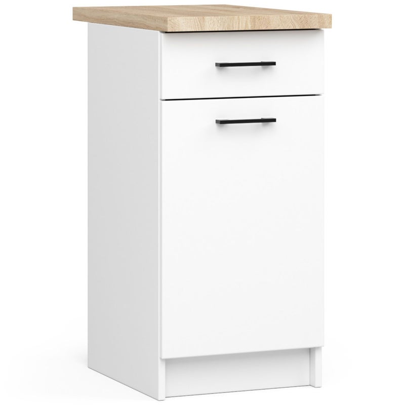 Szafka kuchenna na nóżkach: 1 szuflada, 1 drzwi, 2 półki, kolor biały, szerokość: 40 cm, wysokość: 85 cm, głębokość: 46 cm.