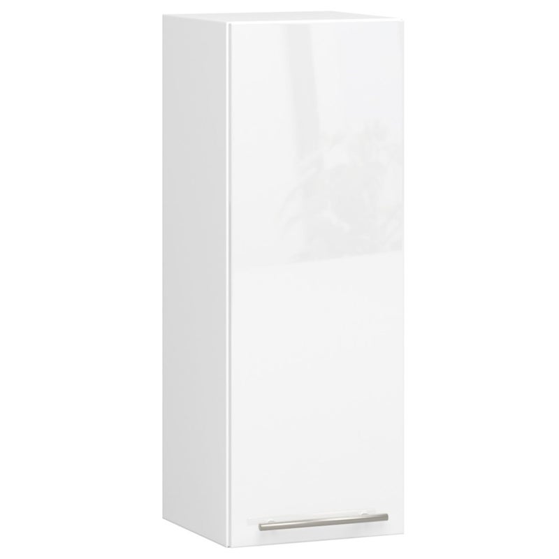 Szafka kuchenna wisząca: 1 drzwi, 2 półki, kolor biały|biały połysk, szerokość: 30 cm, wysokość: 72 cm, głębokość: 30 cm.