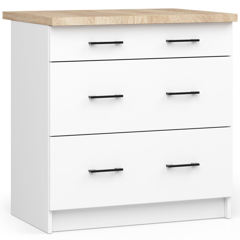 Szafka kuchenna na nóżkach: 3 szuflady, kolor biały, szerokość: 80 cm, wysokość: 85 cm, głębokość: 46 cm.