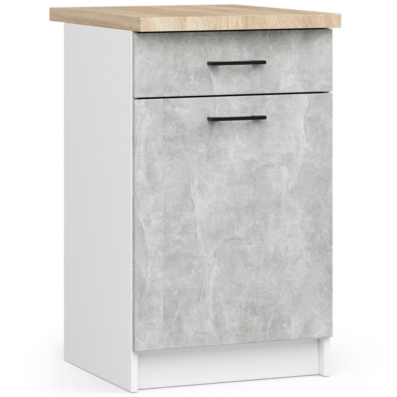 Szafka kuchenna na nóżkach: 1 szuflada, 1 drzwi, 2 półki, kolor biały beton, szerokość: 50 cm, wysokość: 85 cm, głębokość: 46 cm.