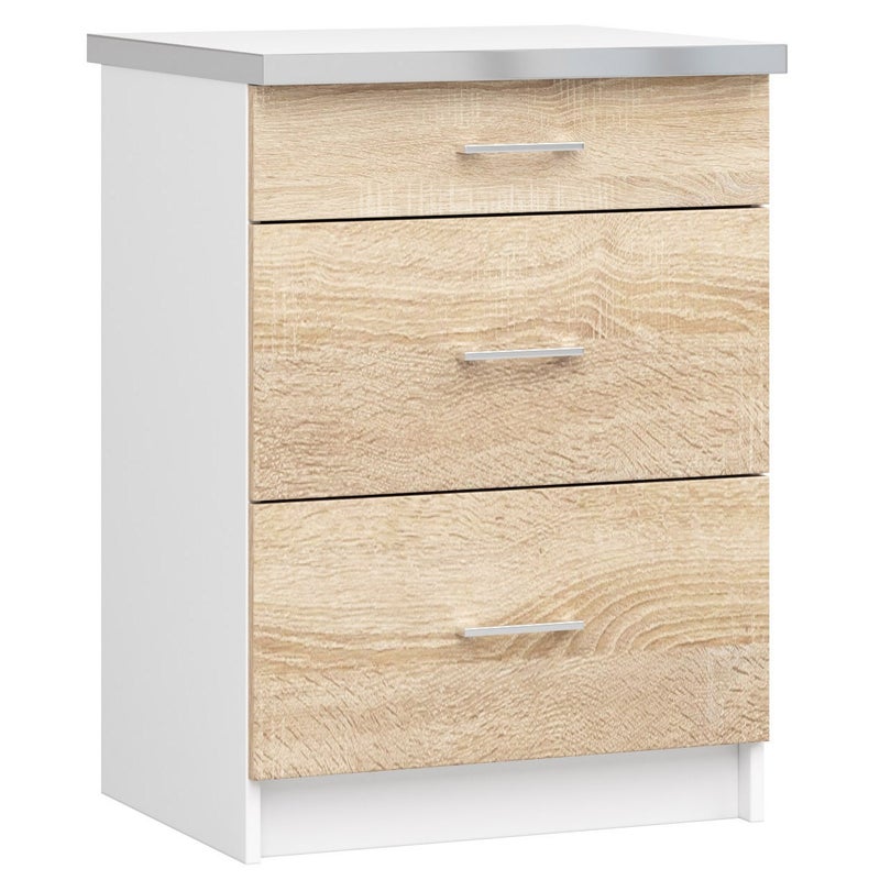 Szafka kuchenna na nogach: 3 szuflady, kolor biały dąb sonoma, szerokość: 60 cm, wysokość: 82 cm, głębokość: 44,5 cm.