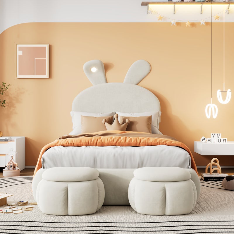 Łóżko tapicerowane 90 x 200 cm z 2 pufami ze schowkiem - uszy królika z diodami LED - aksamitne - beżowe