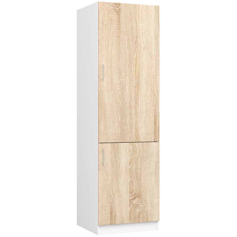 Szafka kuchenna do zabudowy lodówki: 2 drzwi, 1 półka, biała dąb sonoma, szer.: 60 cm, wys.: 205 cm, gł.: 55 cm.