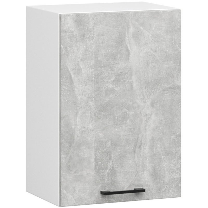 Szafka kuchenna wisząca: 1 drzwi, 2 półki, kolor biały beton, szerokość: 50 cm, wysokość: 58 cm, głębokość: 30 cm.