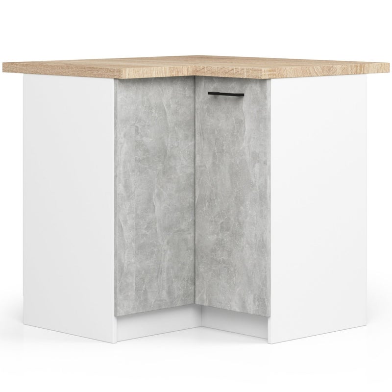 Wolnostojąca szafka kuchenna: 2 drzwi, 2 półki, kolor biały beton, szerokość: 90 cm, wysokość: 85 cm, głębokość: 46 cm.