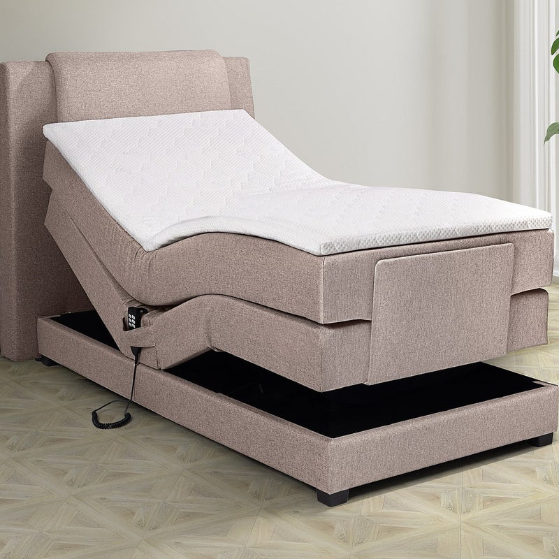 Zestaw łóżko kontynentalne z zagłówkiem + stelaż elektryczny relaksacyjny + materac + nakładka na materac - 100 x 200 cm - Tkanina - Beżowy - CASTEL I