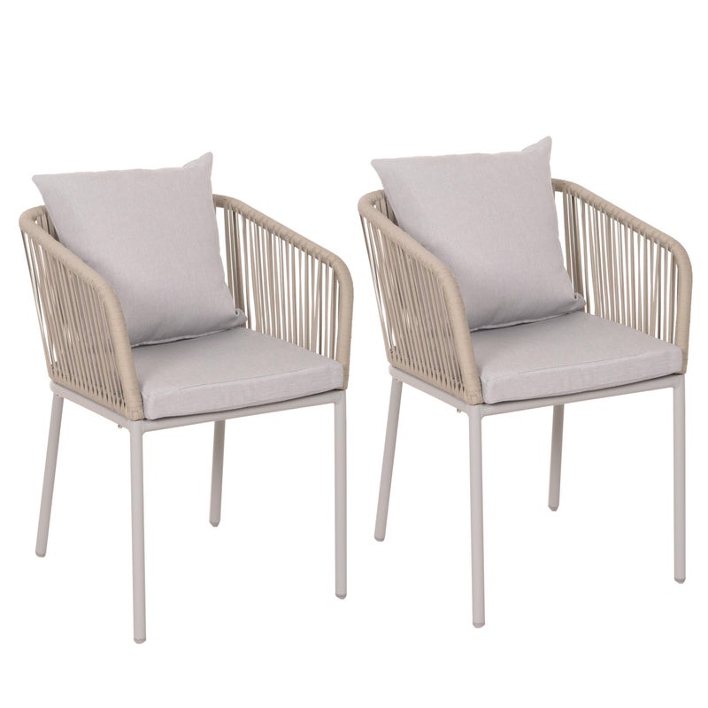 Zestaw 2 krzeseł ogrodowych HWC-N41, podłokietnik zewnętrzny, odporny na warunki atmosferyczne aluminiowy splot linowy Lina ~ szary Poduszka szary