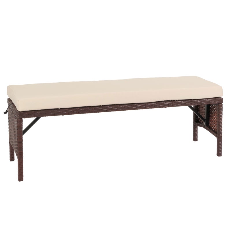 Ławka ogrodowa rattanowa HWC-G16, ławka ogrodowa rattanowa, gastronomiczna 112cm ~ brązowy, poduszki kremowe