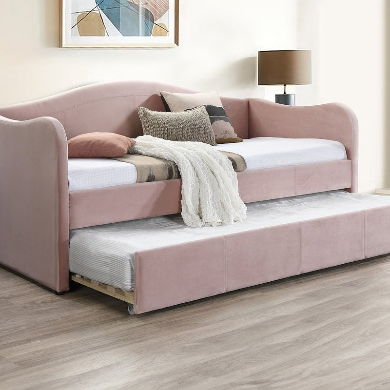 Łóżko dzienne wysuwane 2 x 90 x 190 cm - Welur - Różowy + Materac - MATHILDE
