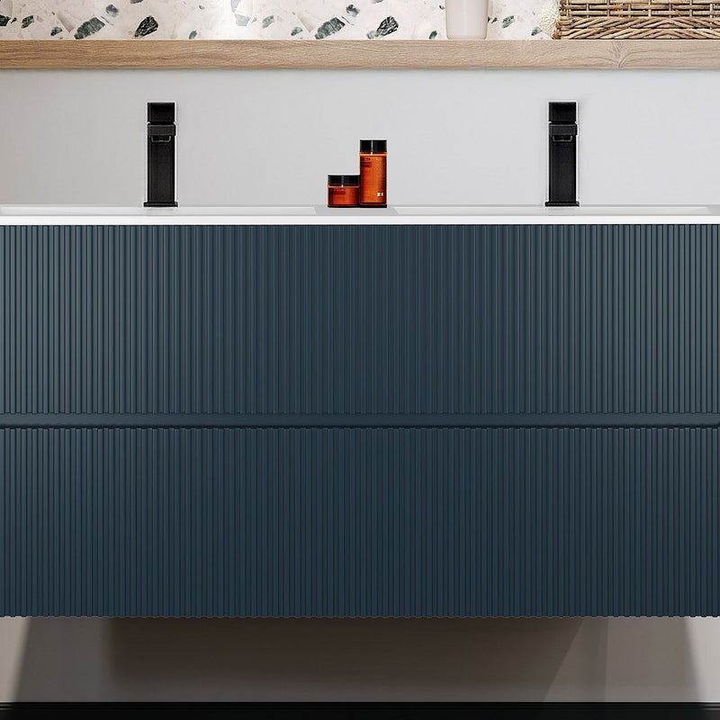 Szafka łazienkowa wisząca z umywalką wpuszczaną w blat - Niebieski ryflowany - 120 cm - PAVANI