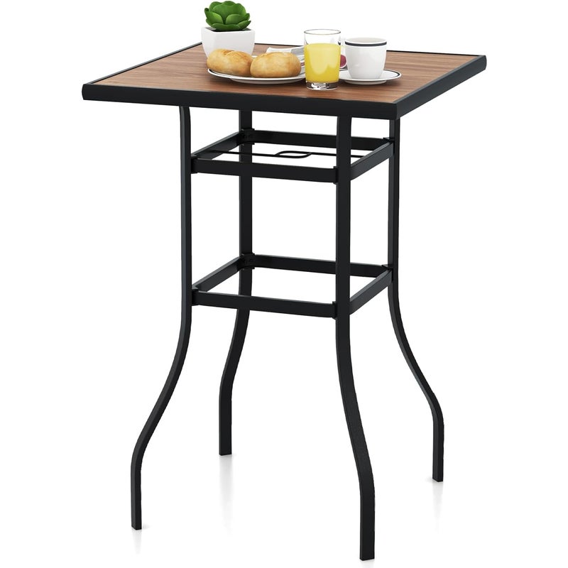 Stół bistro z otworem na parasol, stół ogrodowy z blatem o wyglądzie drewna, kwadratowy stół balkonowy do ogrodu, na podwórko,70 x 70 x 102 cm