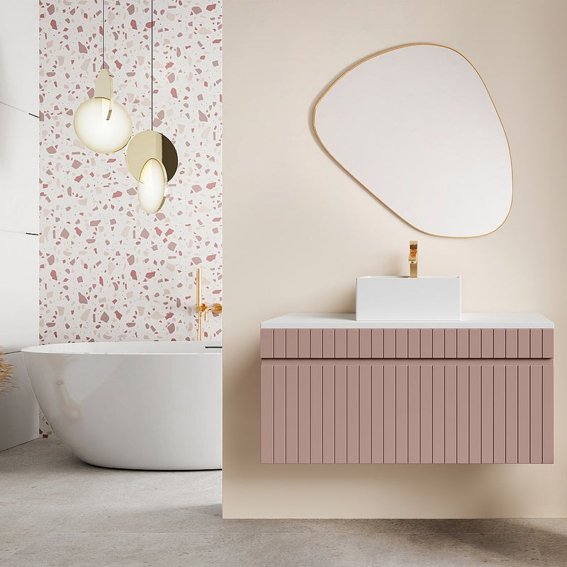 Szafka pod umywalkę wisząca ryflowana różowa z blatem - 100 cm - SATARA