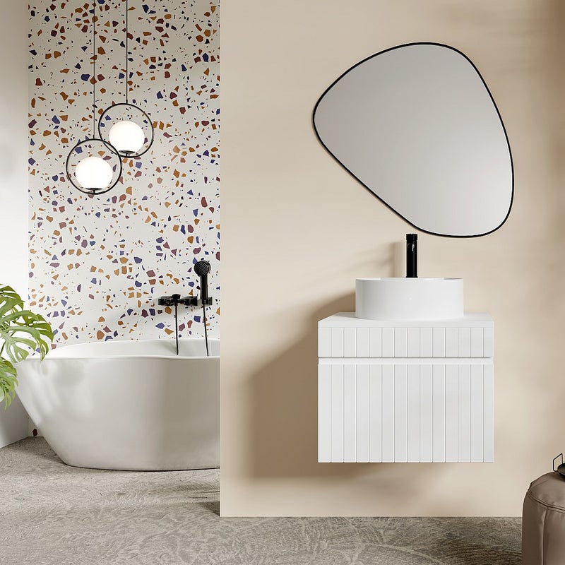 Szafka pod umywalkę wisząca ryflowana biała z blatem - 60 cm - SATARA