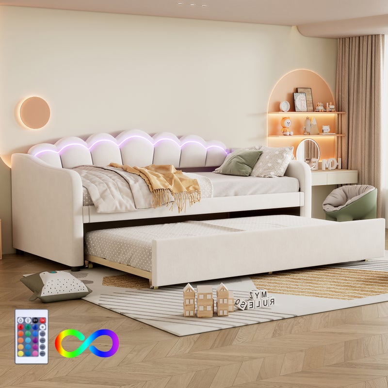 Łóżko wysuwane 90 x 200 cm + łóżko 90 x 190 cm, sofa rozkładana - welur - LED - kolor beżowy (bez materaca)