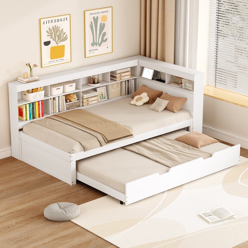 Łóżko wysuwane 90 x 200 cm + 90 x 190 cm z portem USB i schowkiem - drewno sosnowe + MDF - białe (bez materaca)