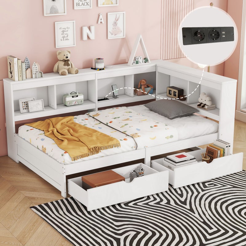 Łóżko 90 x 200 cm, sofa rozkładana - 2 szuflady, półki i 2 gniazda USB - Płyta wiórowa - Biały