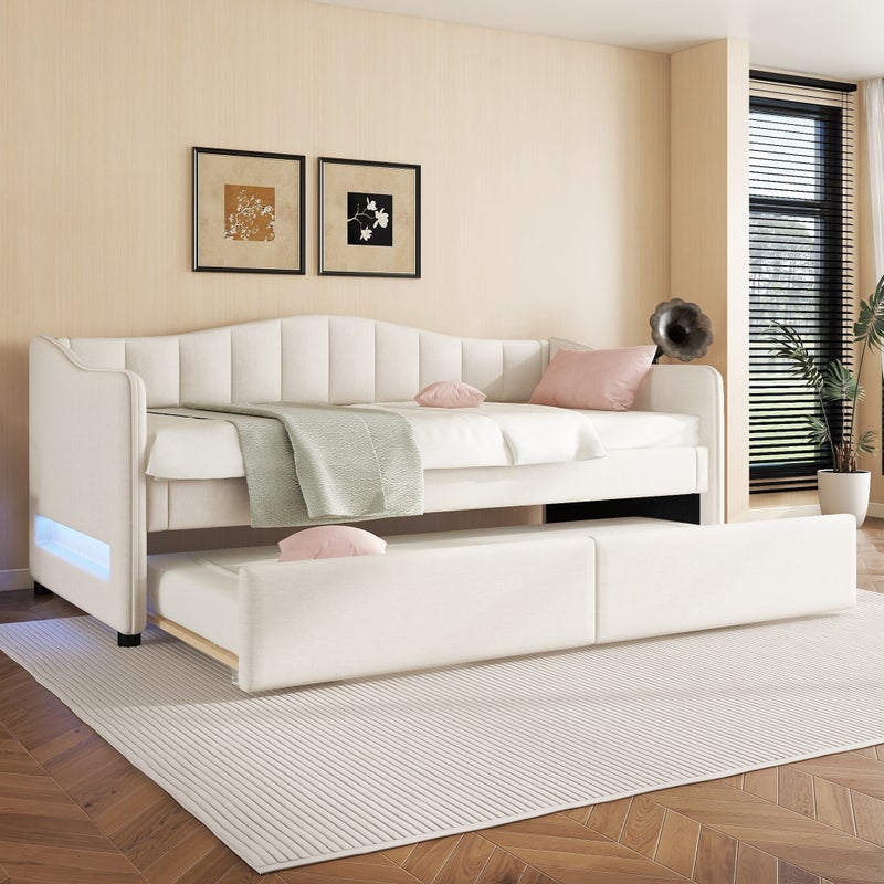 Łóżko wysuwane 90/180 x 200 cm z 2 szufladami - tkanina lniana - LED - beżowe (bez materaca)