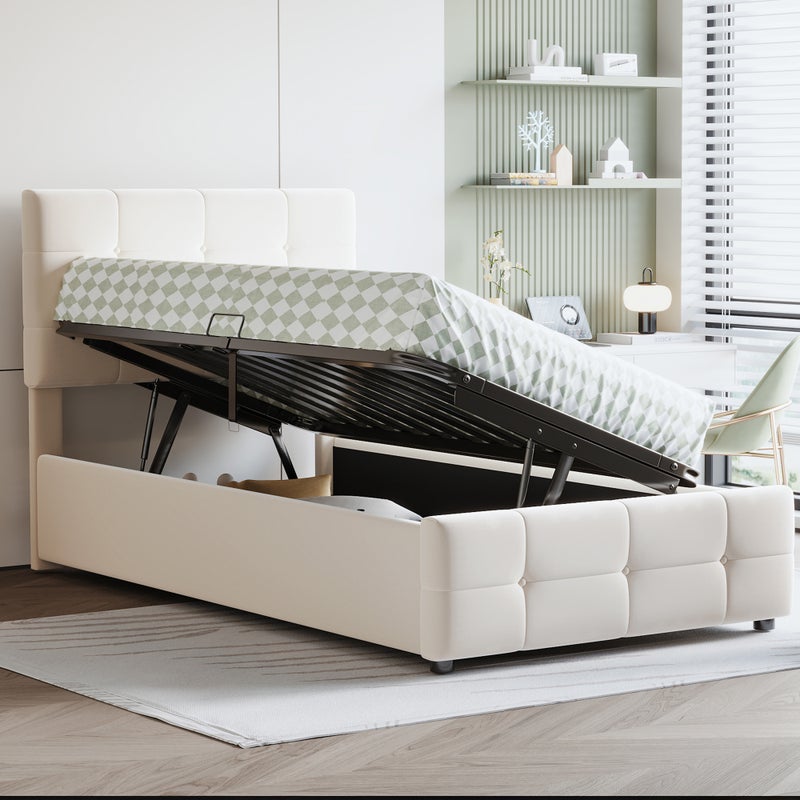 Łóżko z pojemnikiem 90 x 200 cm z regulowanym zagłówkiem - tkanina welurowa - stelaż listwowy - beżowe (bez materaca)