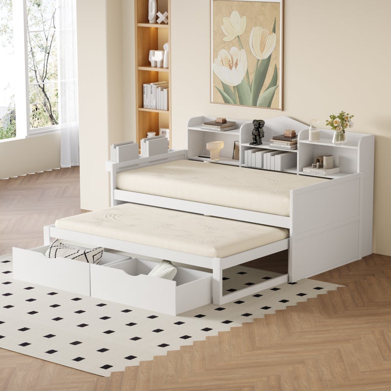 Łóżko wysuwane 90 x 200 cm + 90 x 190 cm z 2 szufladami, portem USB i schowkiem - drewno sosnowe + płyta MDF - białe (bez materaca)