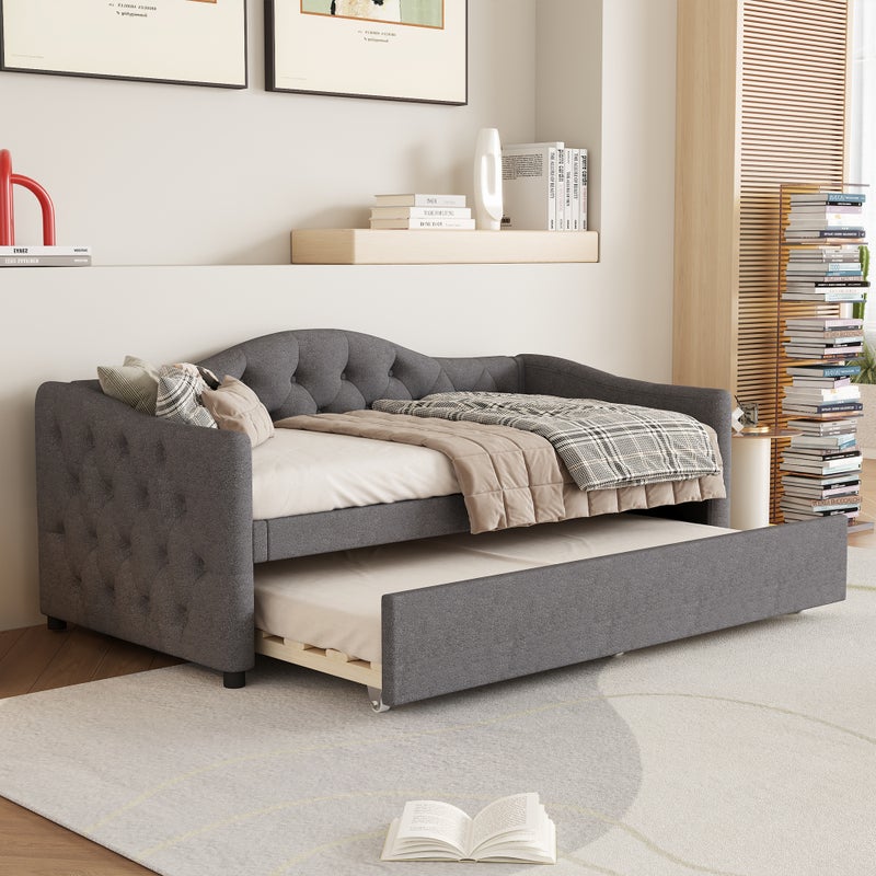 Łóżko wysuwane 90 x 200 cm + łóżko 90 x 190 cm, sofa rozkładana - tkanina lniana - kolor szary (bez materaca)