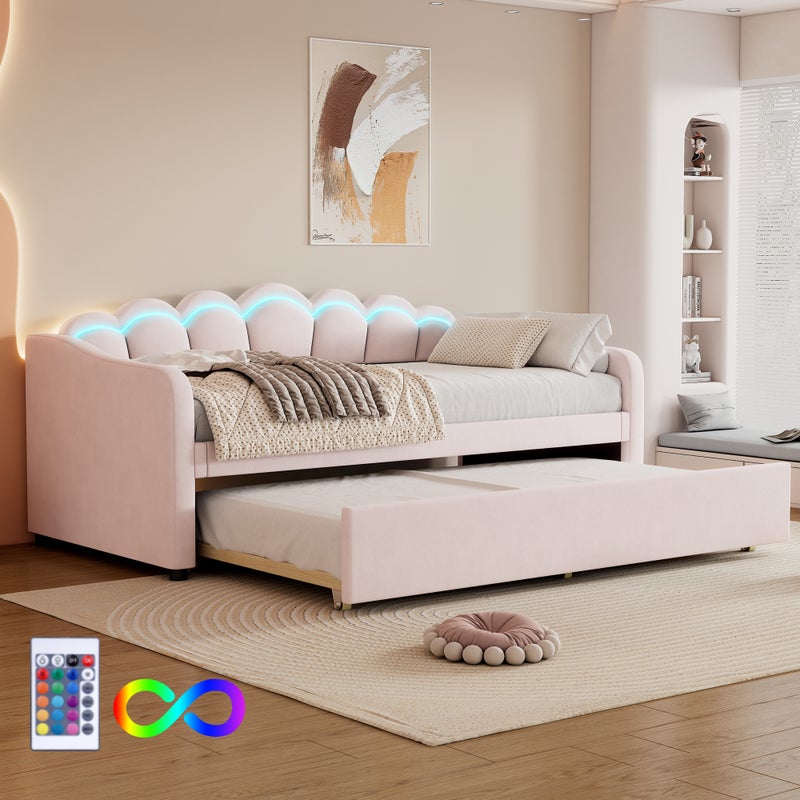 Łóżko wysuwane 90 x 200 cm + łóżko 90 x 190 cm, sofa rozkładana - welur - LED - kolor różowy (bez materaca)
