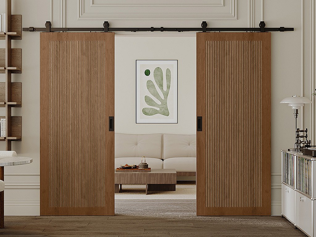 Drzwi przesuwne naścienne podwójne z MDF i drewna naturalny ciemny - 2 x wys. 205 x szer. 63 cm - SANDORA