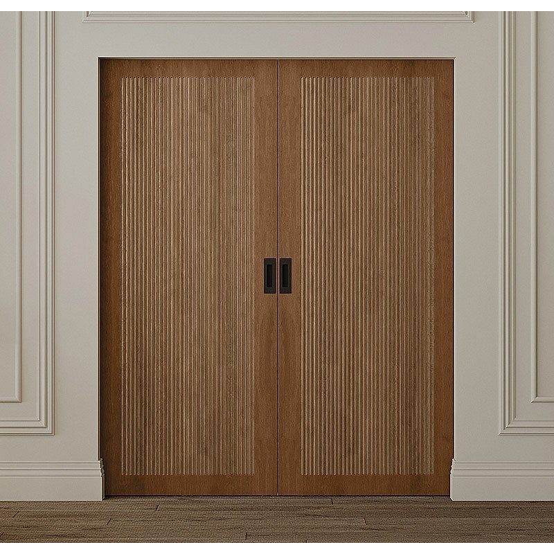 Drzwi przesuwne podwójne chowane w ścianie z MDF i drewna naturalny ciemny - 2 x wys. 205 x szer. 93 cm - SANDORA