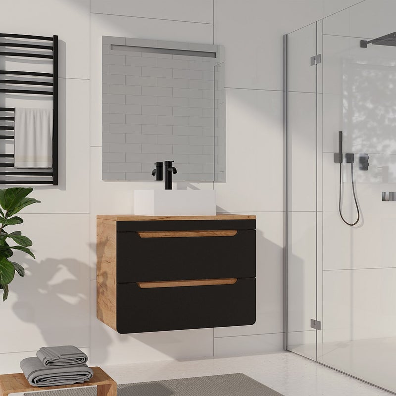 Szafka pod umywalkę wisząca z blatem - 80 cm - naturalny jasny i antracytowy - ARUBA