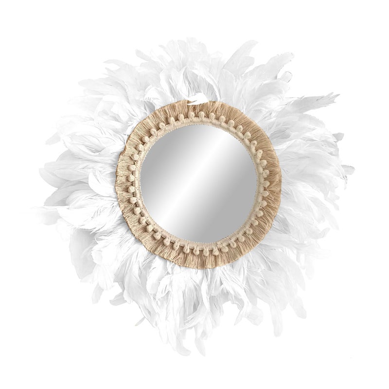Okrągłe lustro dekoracyjne z piórami koguta - MIRROR TAIL białe Ø całkowita 80 cm