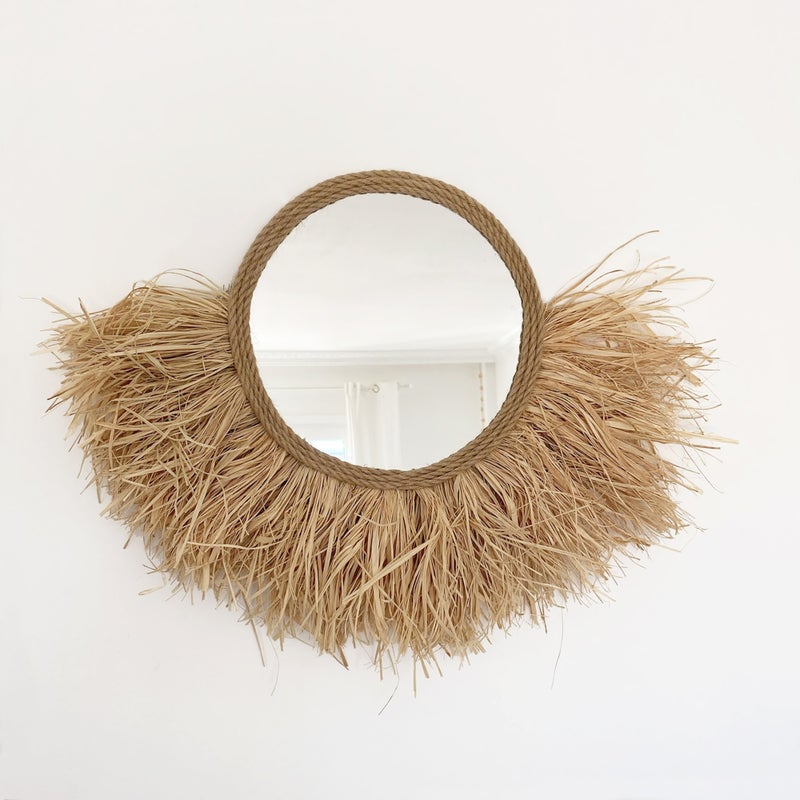 Lustro wiszące na ścianę z rafii i juty - MIRROR AFRICA Ø całkowita 40 cm