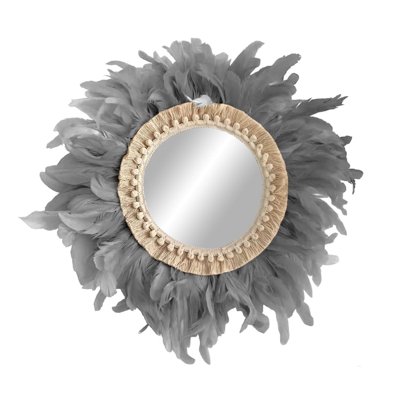 Okrągłe lustro dekoracyjne z piórami koguta - MIRROR TAIL szare Ø całkowita 40 cm