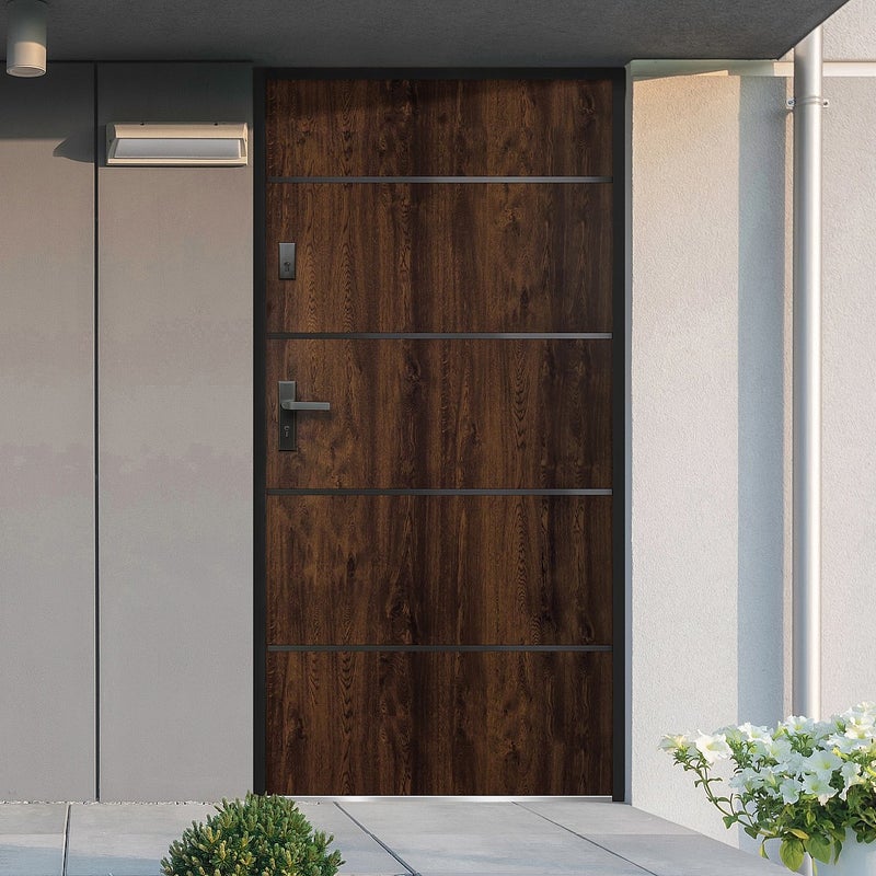 Drzwi zewnętrzne pełne ze stali i stali nierdzewnej wys. 207 x szer. 100 cm naturalny ciemny - prawe otwierane do wewnątrz - NAXARA