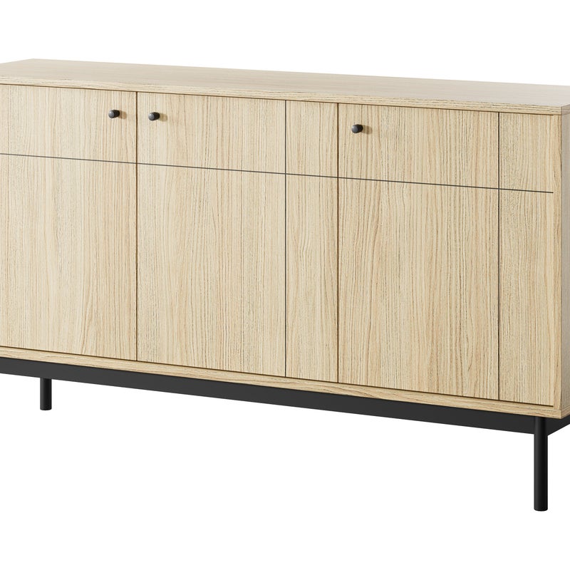 Komoda: 3 drzwi, 6 półek, dąb Linea, nogi czarne, 153,5 x 83,5 x 39 cm