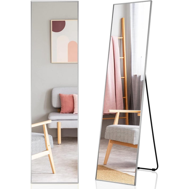 Lustro Pełnej Długości 160 cm o Wysokiej Rozdzielczości, Lustro Ścienne/Stojące z Metalową Ramą do Sypialni, Garderoby, Srebrne
