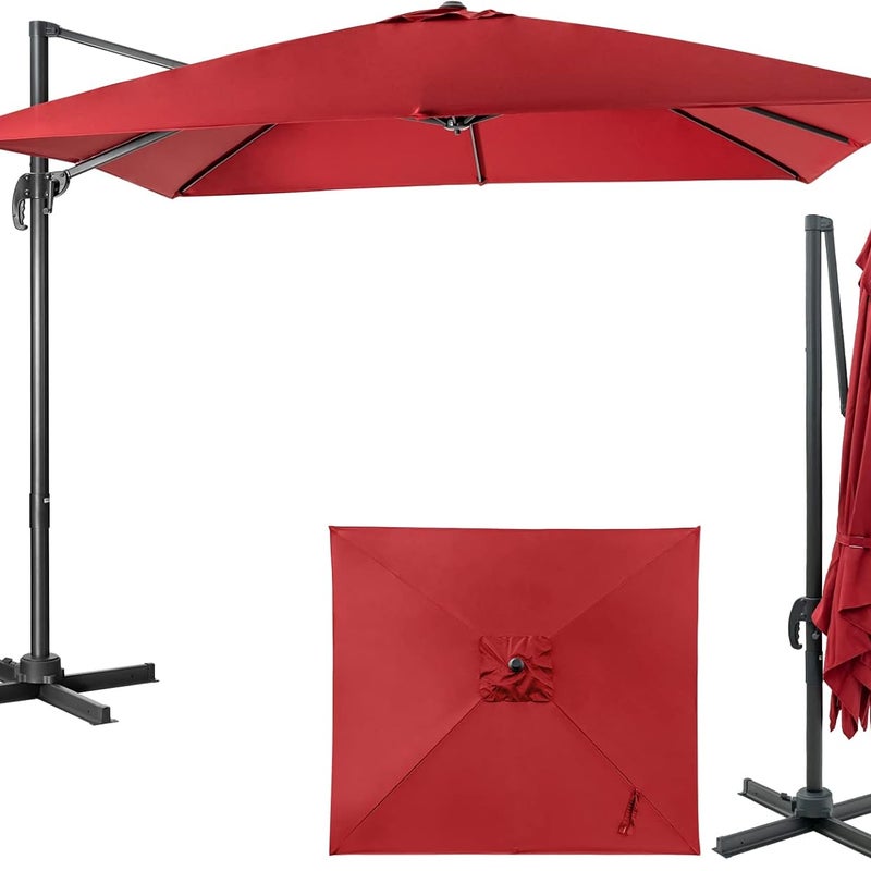 Parasol Ogrodowy Kwadratowy 3x3 m, 8 Podwójnych Żeber, Parasol Zewnętrzny z Otworem Wentylacyjnym, Ochrona przed UV, Obrót o 360°, Bordowy