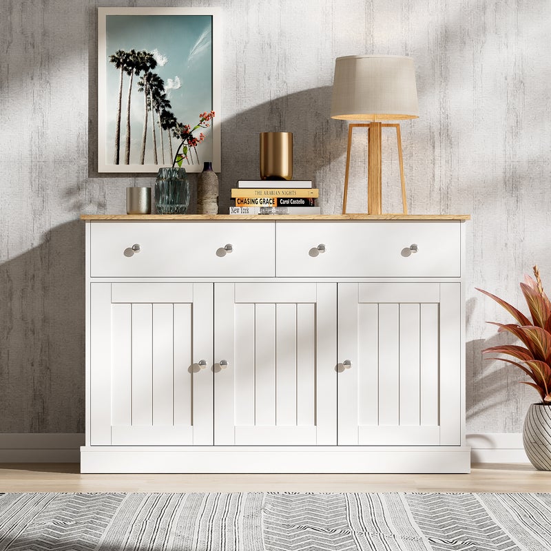 Komoda niska z 3 drzwiami i 2 szufladami - 120 x 36 x 80,5 cm - Płyta wiórowa - Biały + naturalny