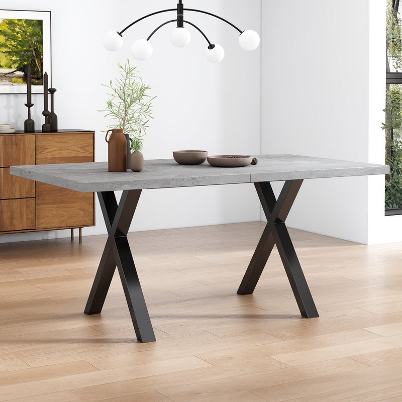 Nowoczesny stół jadalny, skrzyżowane nogi z kutego żelaza, wygląd betonu + kolor czarny, dł. 140 x szer. 80 x wys. 76 cm