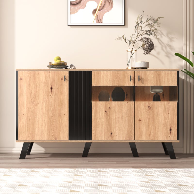Komoda niska - dąb Artisan i czarny dekor - 3 drzwi szklane i płyta wiórowa - szer. 140 x wys. 78 x gł. 41 cm