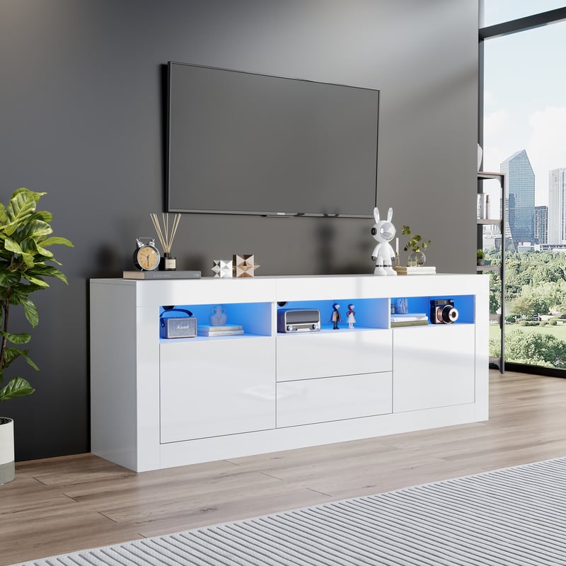 Szafka RTV z 3 otwartymi przegrodami, 2 drzwiami i 2 szufladami - 160 x 35 x 60 cm - Płyta wiórowa - Diody LED - Błyszcząca biel