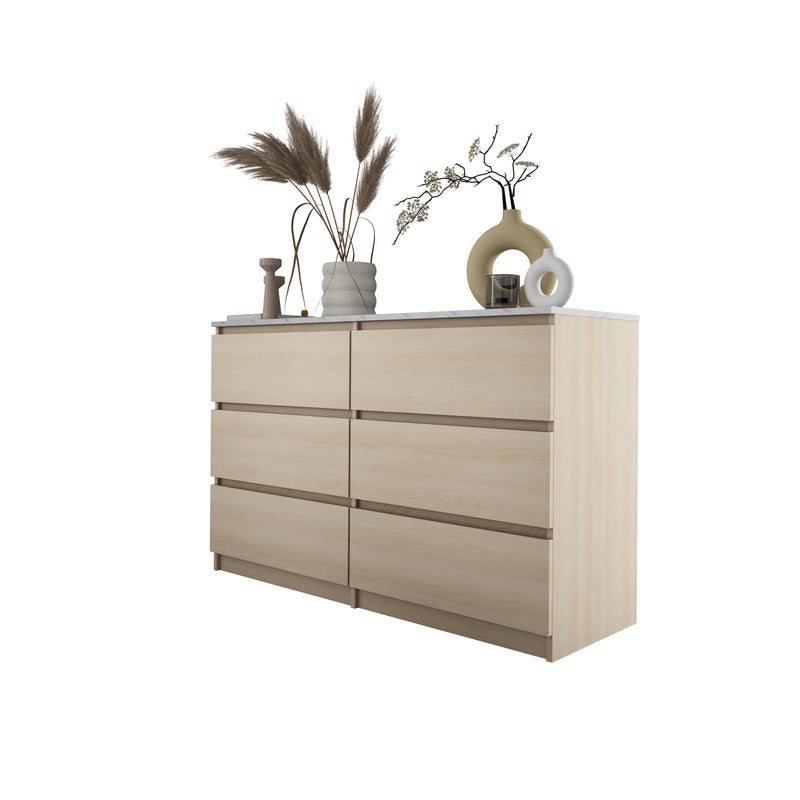 Komoda : 6 szuflad, dąb Lindberg / TOP biały marmur, 120 x 78 x 39 cm