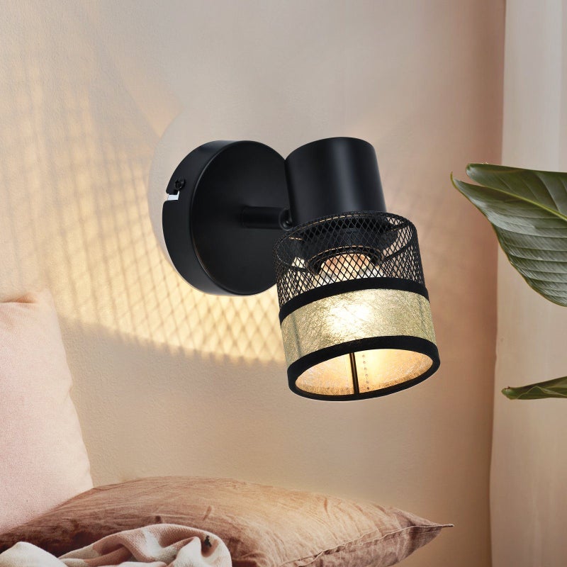 ZMH Reflektory sufitowe 1 żarówka czarny korytarz retro metalowy złoty klosz z tkaniny E27 40W 330° obrotowy odpowiedni do salonu