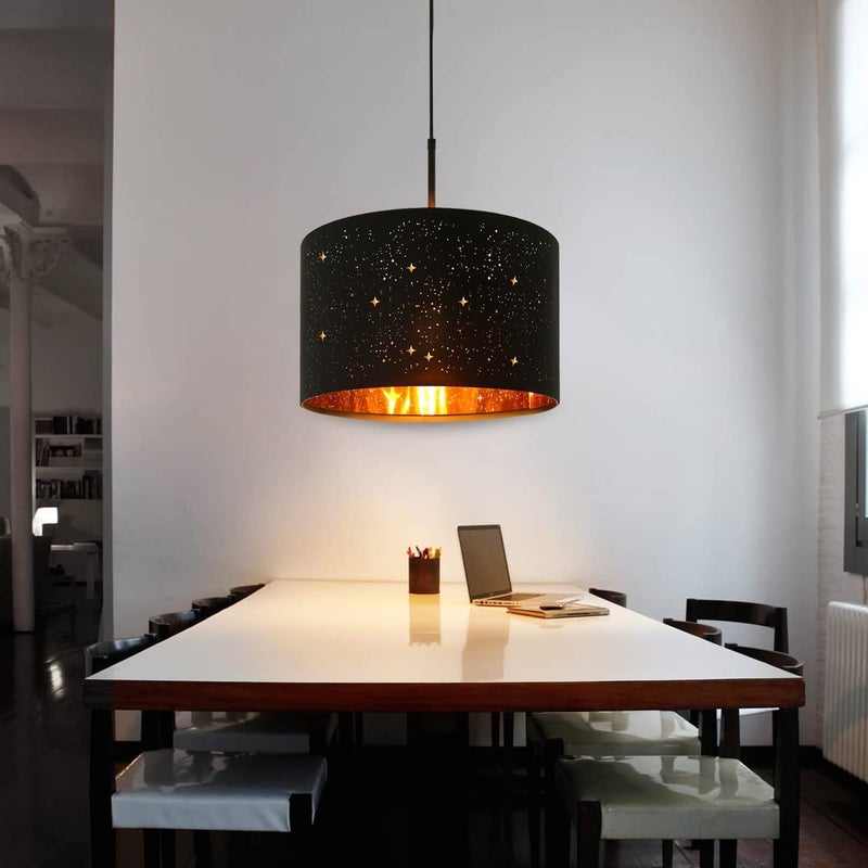 ZMH Czarno-złota lampa wisząca z tkaniny, żyrandol, średnica 38 cm, E27, nowoczesny, retro, styl gwiazdy, abażur z tkaniny, odpowiedni do jadalni
